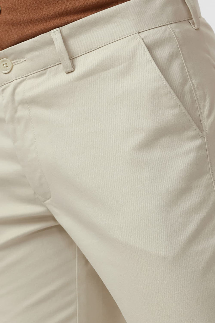 BASICS TAPERED FIT SAFARI BEIGE COTTON STRETCH DOBBY TROUSER