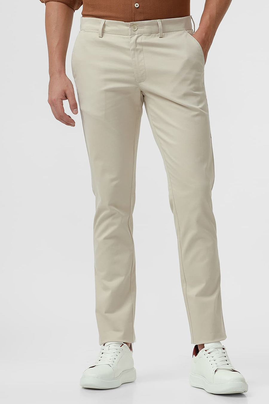BASICS TAPERED FIT SAFARI BEIGE COTTON STRETCH DOBBY TROUSER