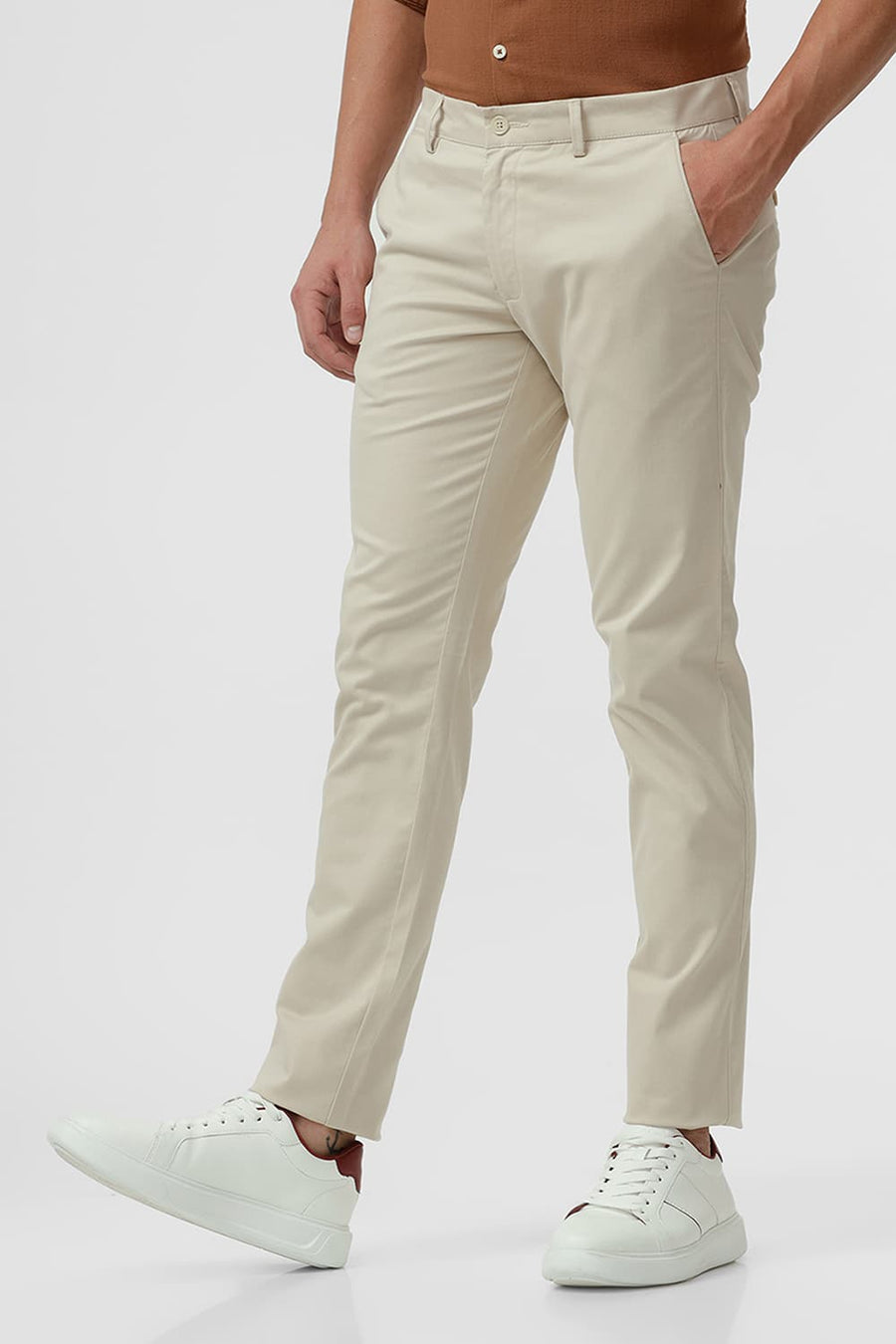 BASICS TAPERED FIT SAFARI BEIGE COTTON STRETCH DOBBY TROUSER