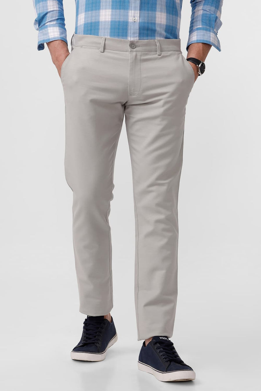 BASICS TAPERED FIT HARBOR MIST GREY COTTON STRETCH DOBBY TROUSER