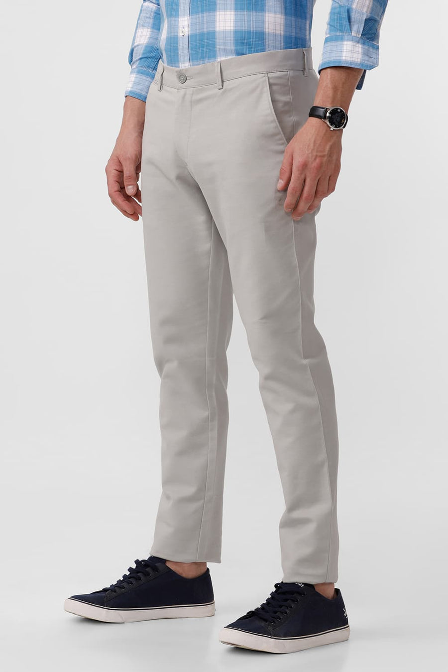 BASICS TAPERED FIT HARBOR MIST GREY COTTON STRETCH DOBBY TROUSER