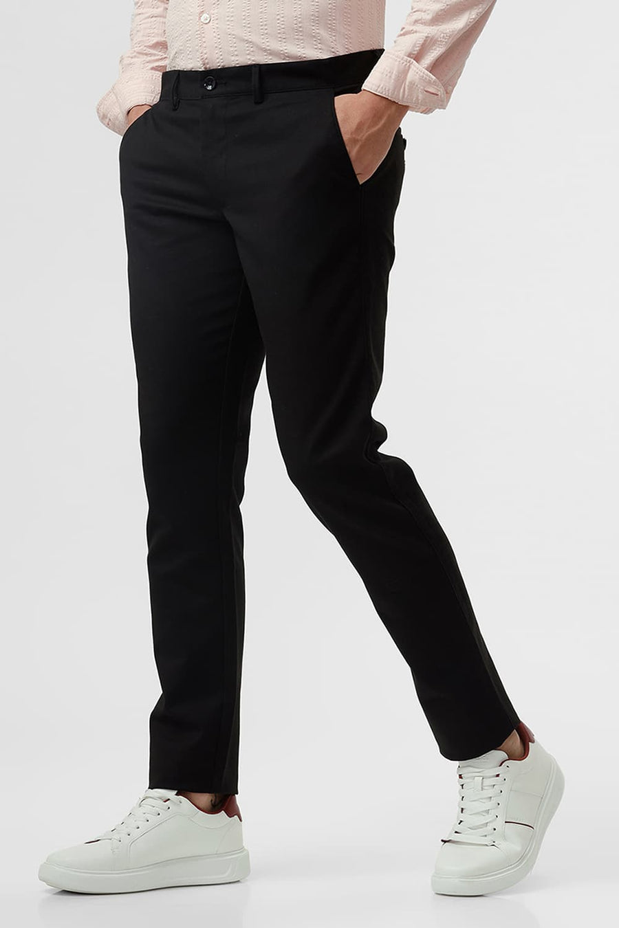 BASICS TAPERED FIT PHANTOM BLACK COTTON STRETCH DOBBY TROUSER