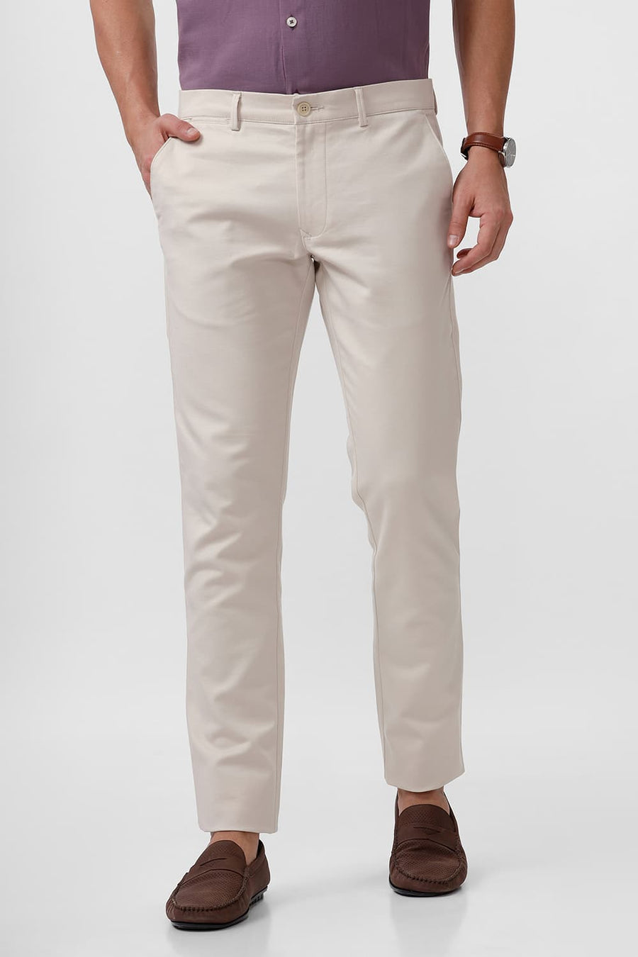 BASICS TAPERED FIT WHITE SWAN ECRU COTTON STRETCH DOBBY TROUSER