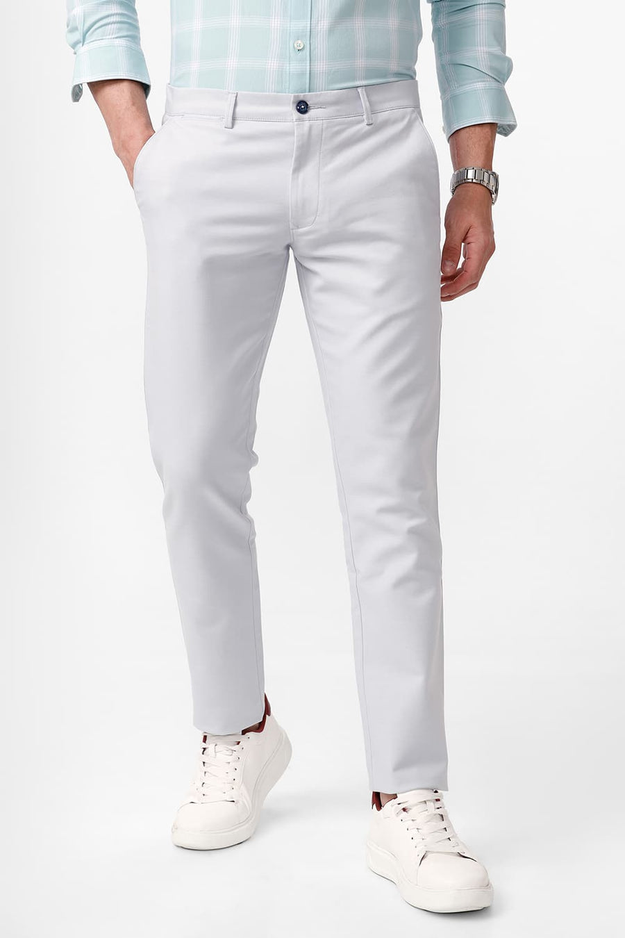BASICS TAPERED FIT ARCTIC ICE BLUE COTTON STRETCH DOBBY TROUSER