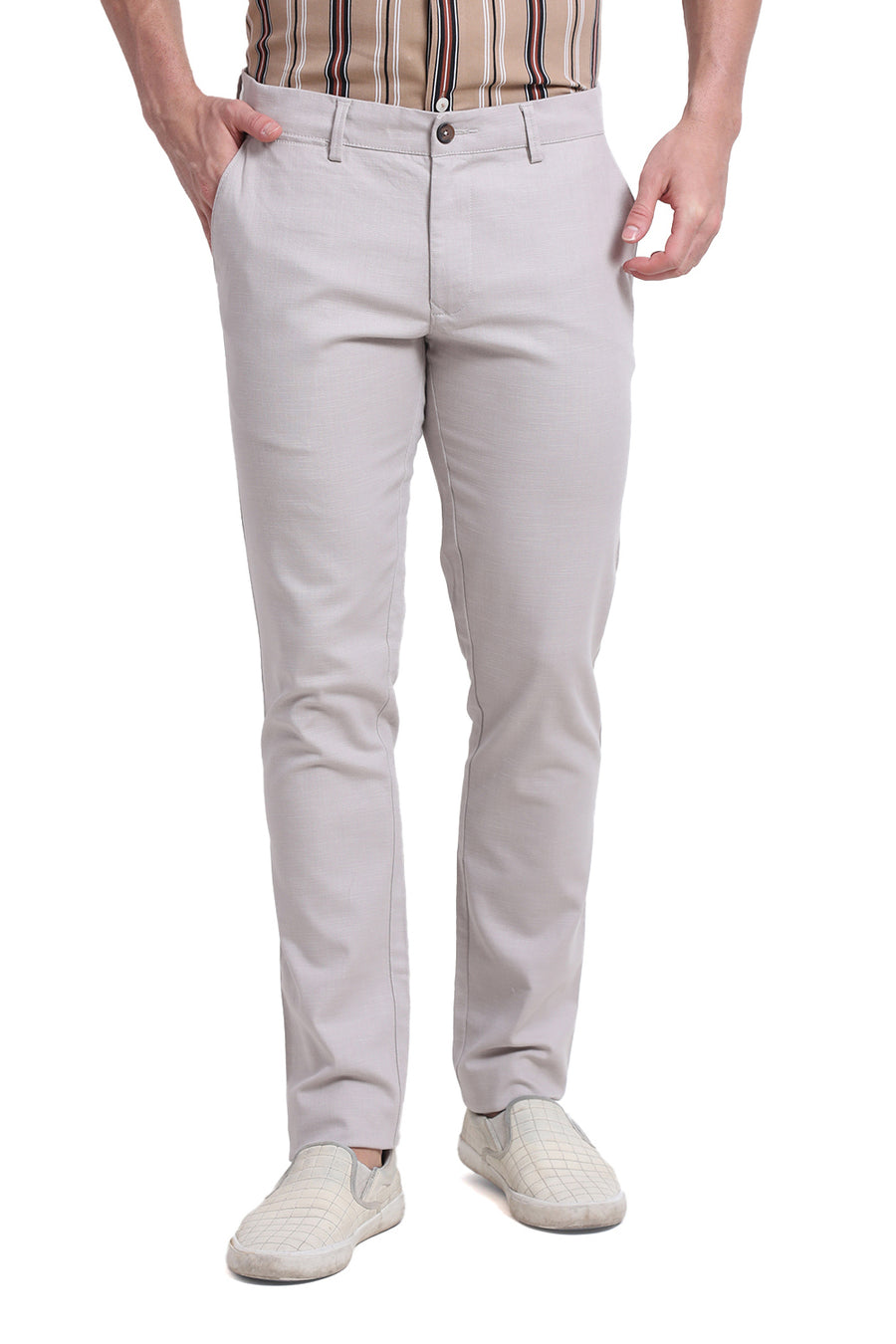 BASICS TAPERED FIT PINK TINT COTTON STRETCH DOBBY TROUSER