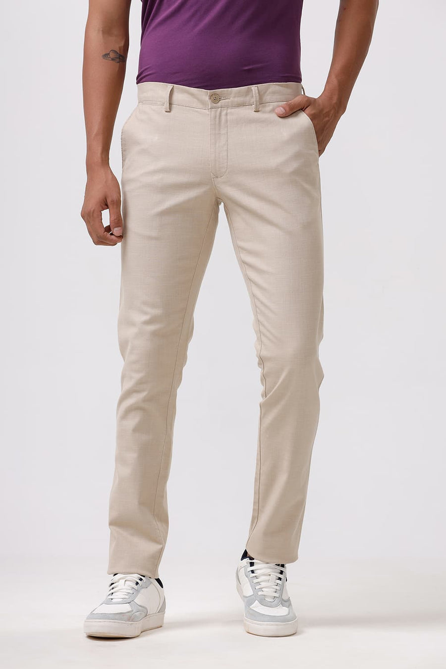 BASICS TAPERED FIT CROISSANT KHAKI COTTON STRETCH DOBBY TROUSER