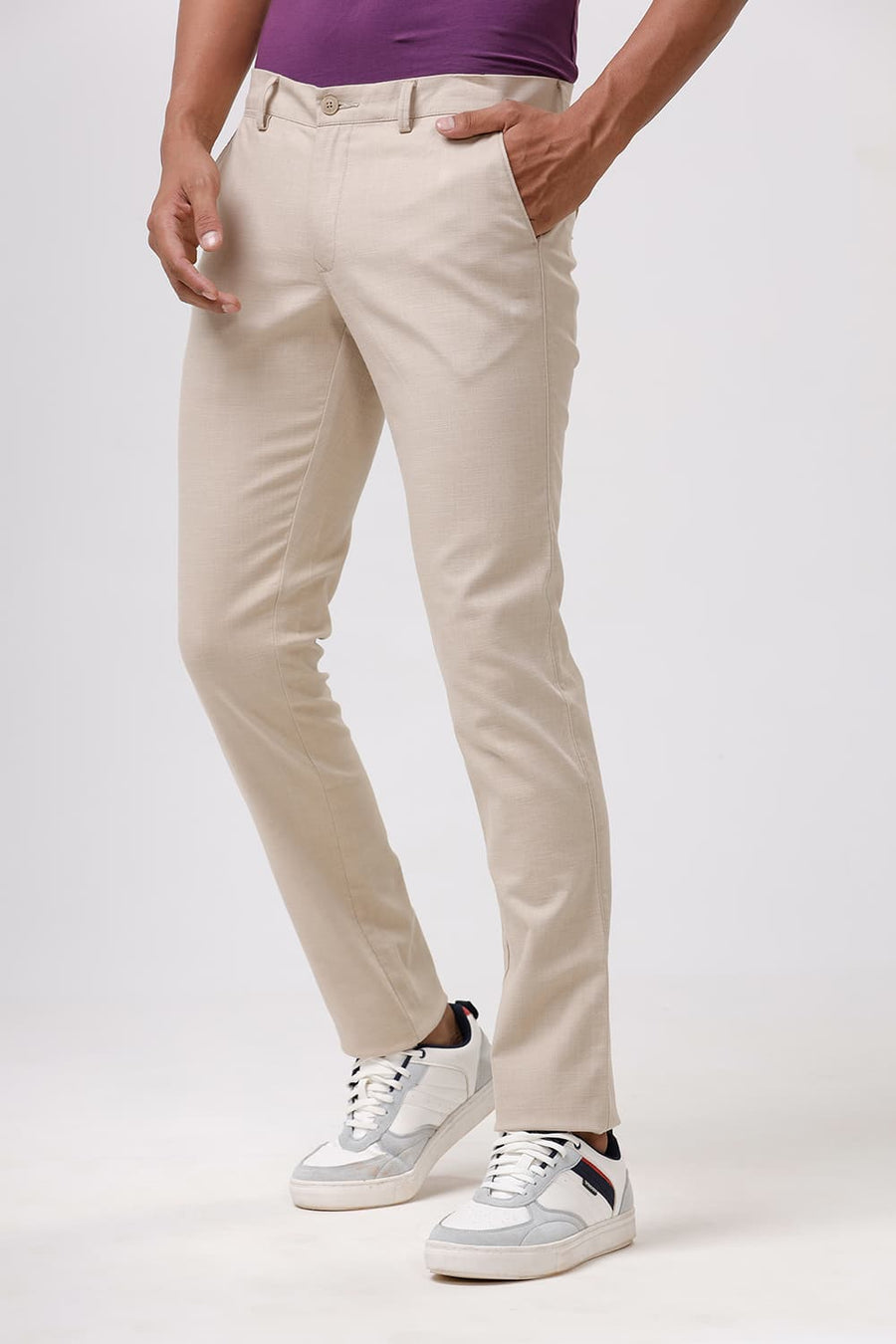 BASICS TAPERED FIT CROISSANT KHAKI COTTON STRETCH DOBBY TROUSER
