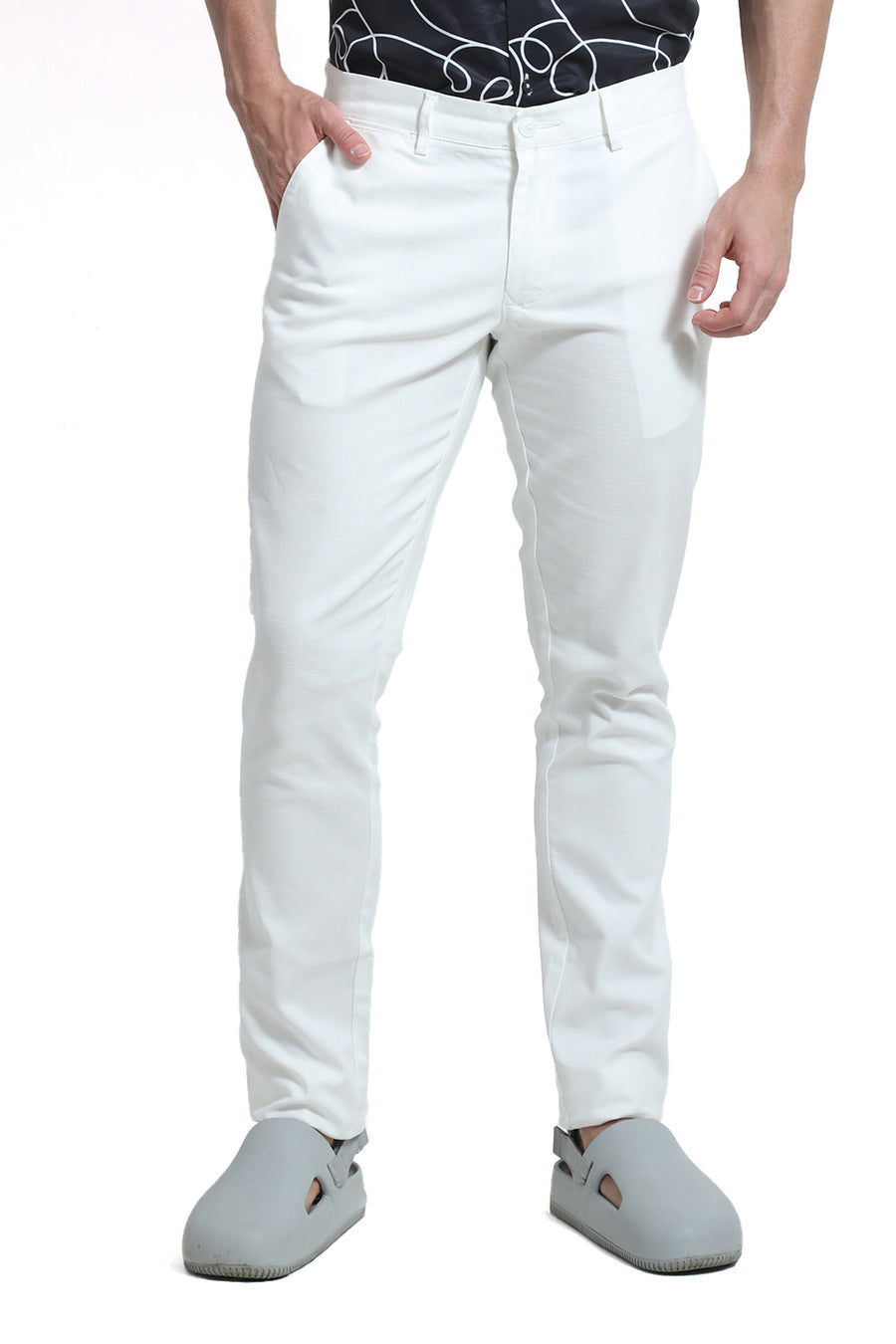 BASICS TAPERED FIT BRIGHT WHITE COTTON STRETCH DOBBY TROUSER