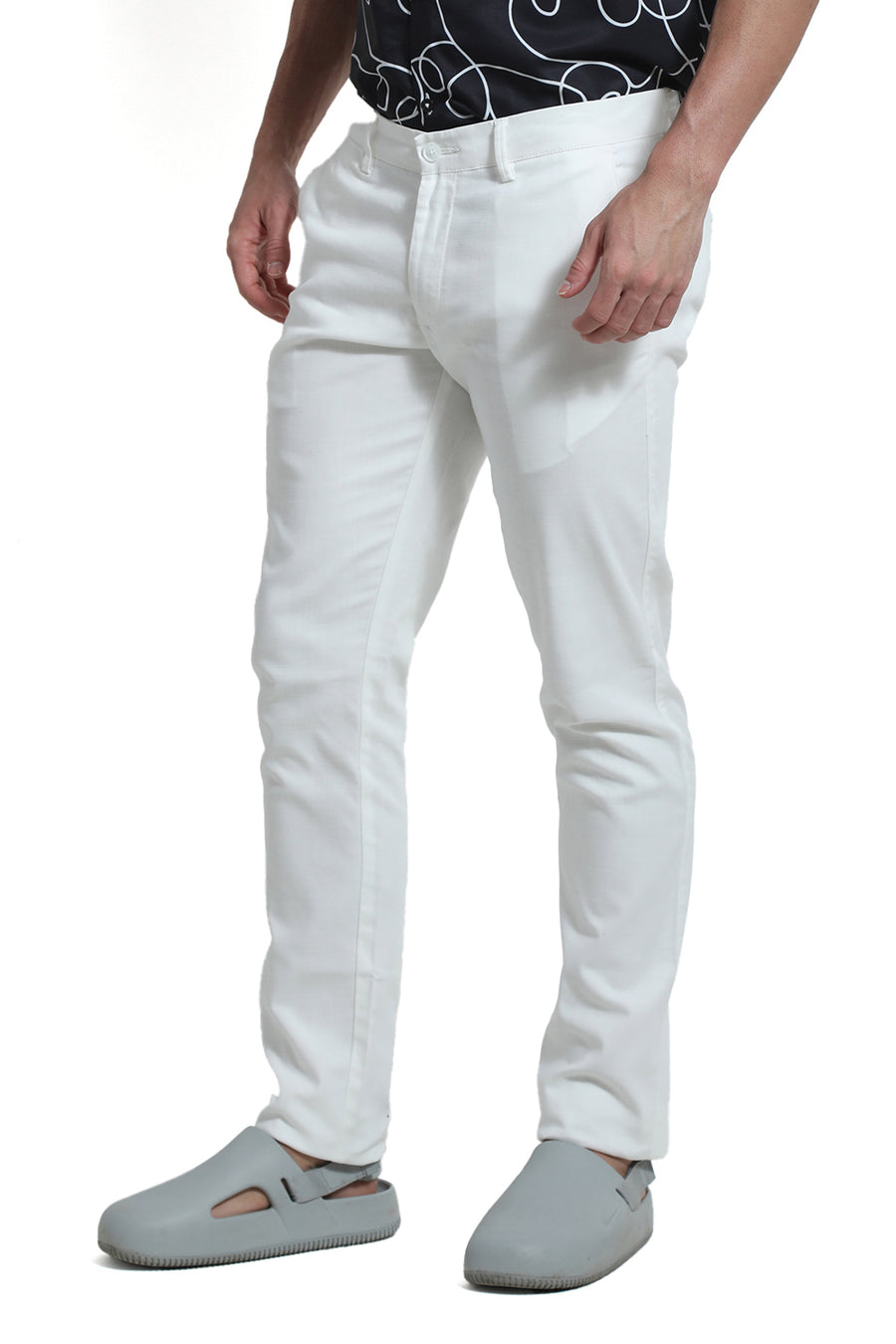BASICS TAPERED FIT BRIGHT WHITE COTTON STRETCH DOBBY TROUSER
