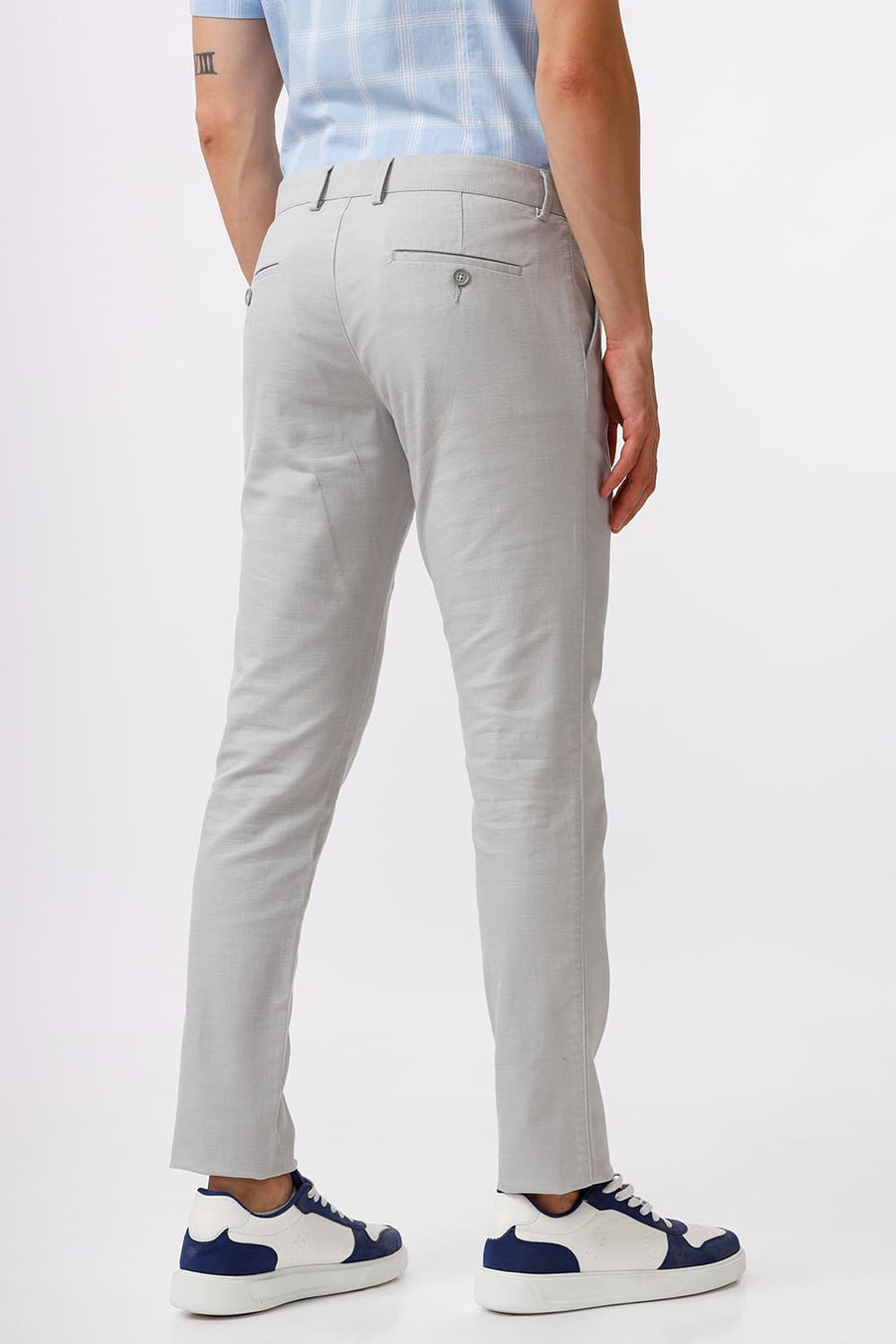 BASICS TAPERED FIT MOONSTRUCK GREY COTTON STRETCH DOBBY TROUSER