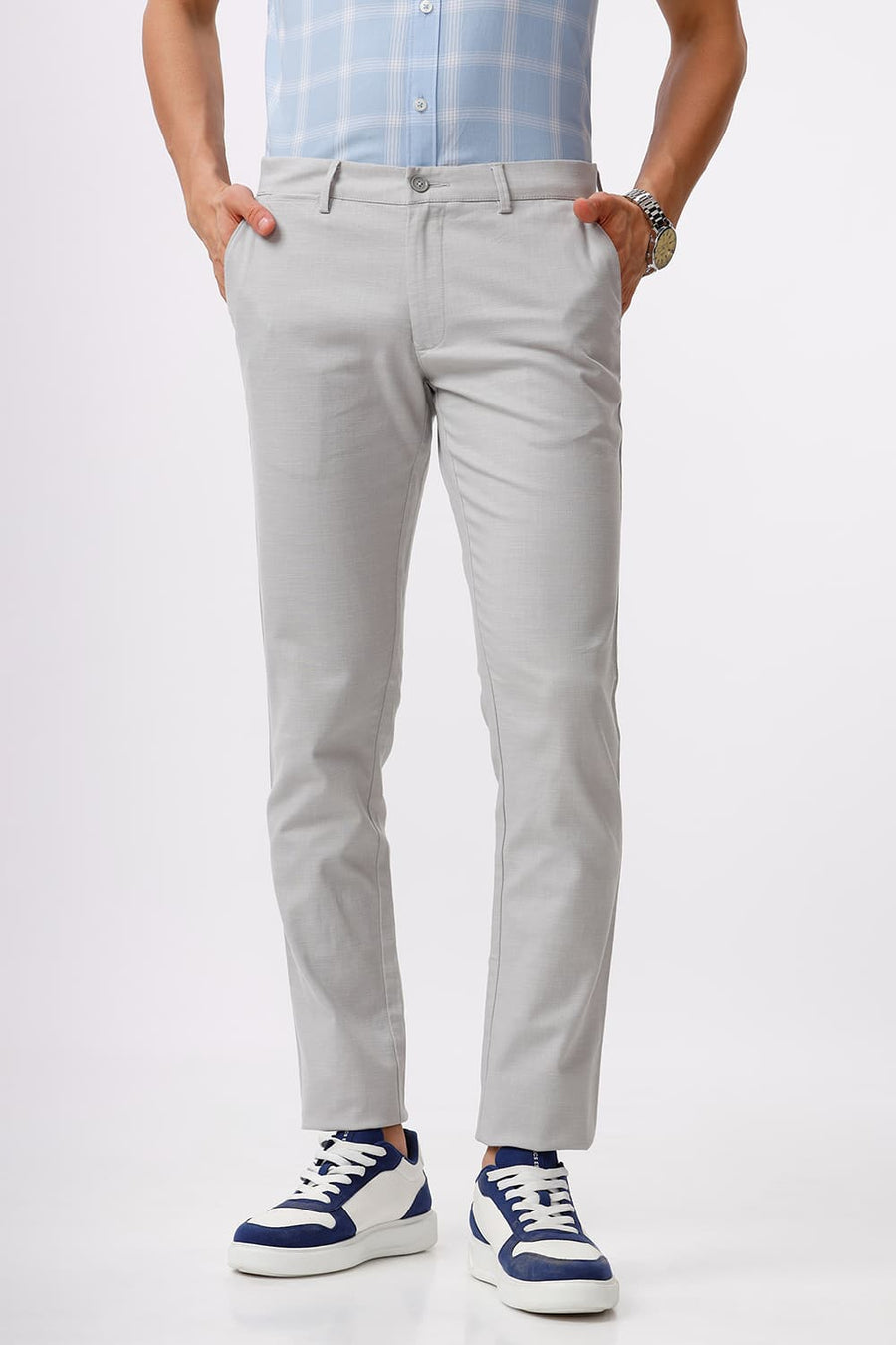 BASICS TAPERED FIT MOONSTRUCK GREY COTTON STRETCH DOBBY TROUSER