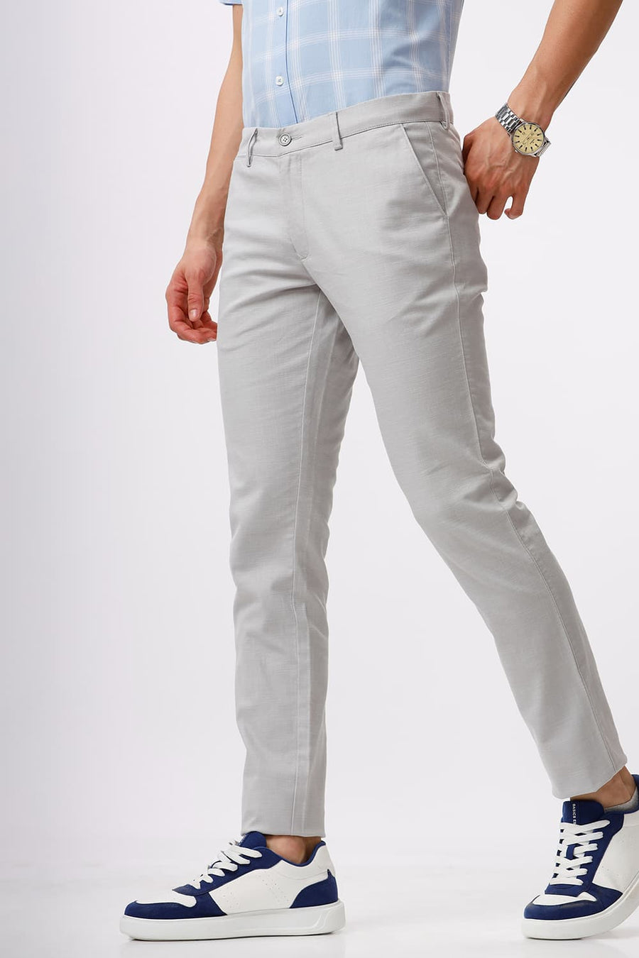 BASICS TAPERED FIT MOONSTRUCK GREY COTTON STRETCH DOBBY TROUSER
