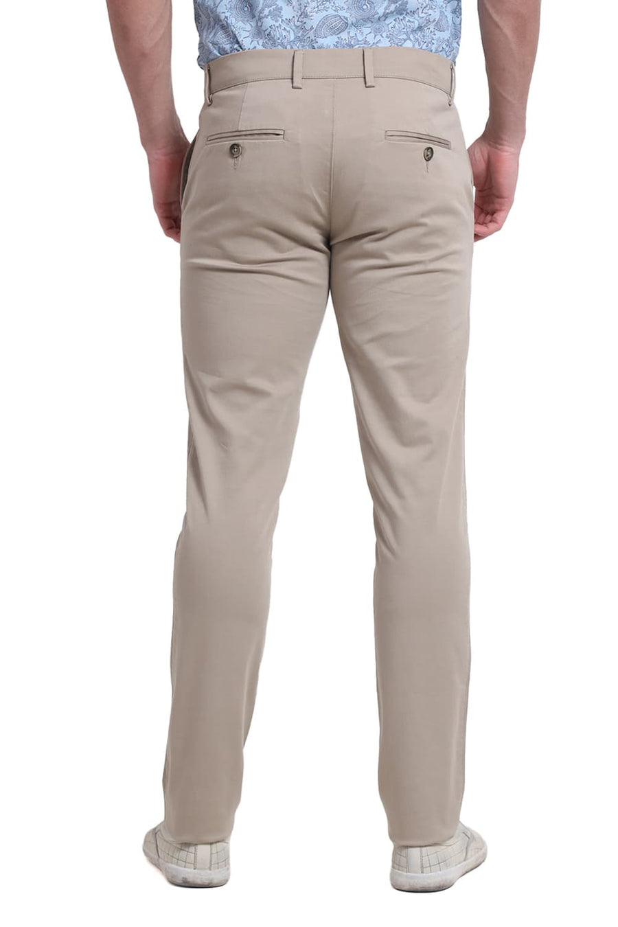 BASICS TAPERED FIT SILVER MINK KHAKI COTTON STRETCH DOBBY TROUSER