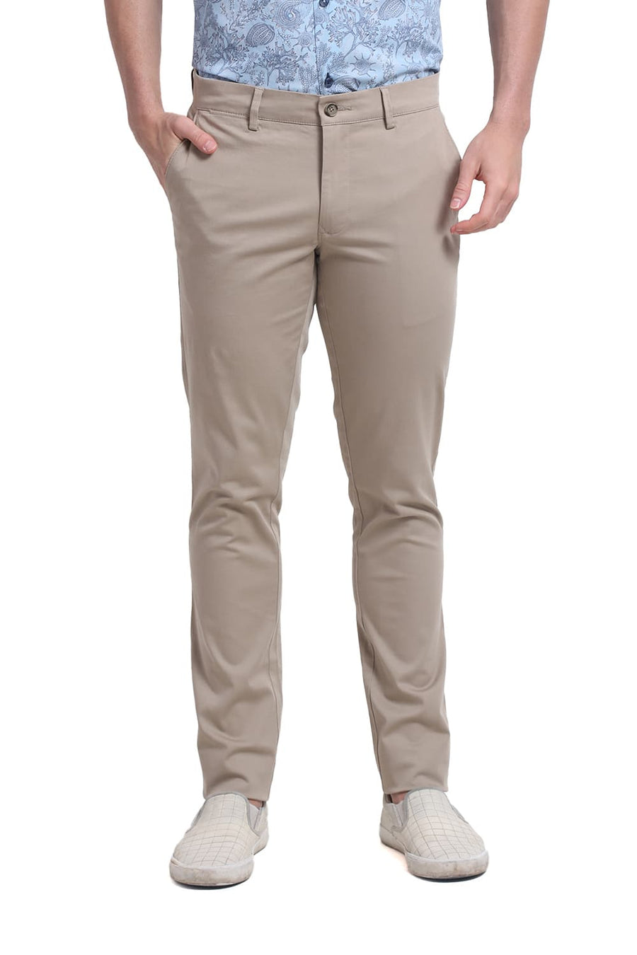 BASICS TAPERED FIT SILVER MINK KHAKI COTTON STRETCH DOBBY TROUSER