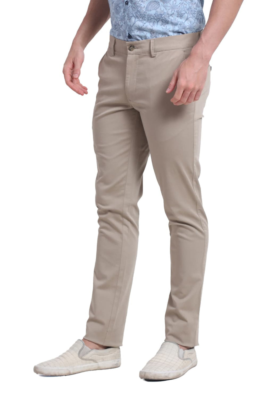 BASICS TAPERED FIT SILVER MINK KHAKI COTTON STRETCH DOBBY TROUSER