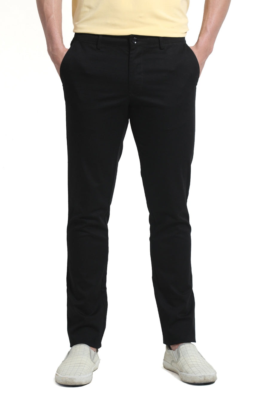 BASICS TAPERED FIT AFTER DARK BLACK COTTON STRETCH DOBBY TROUSER