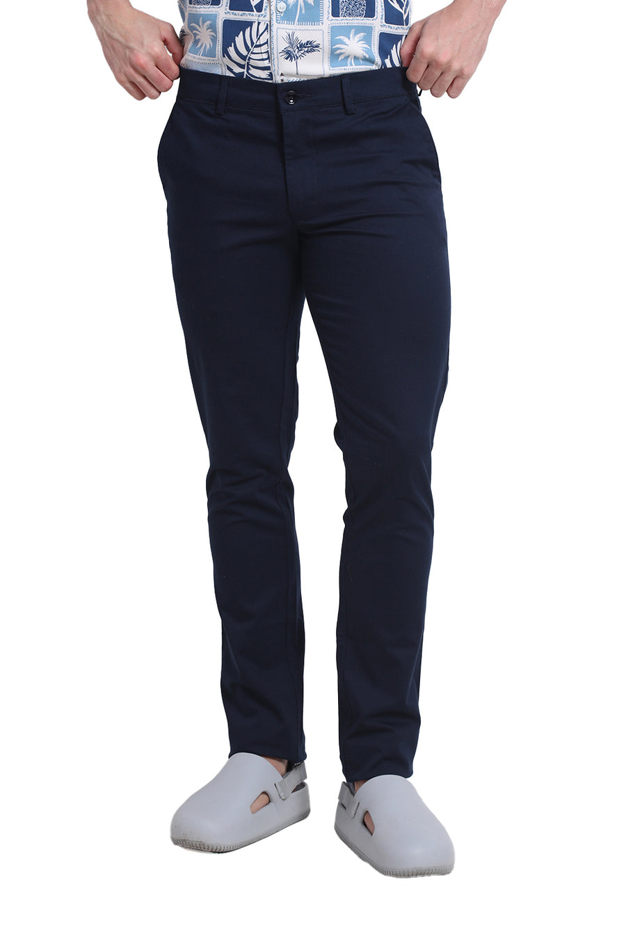 BASICS TAPERED FIT BLUE NIGHT NAVY COTTON STRETCH DOBBY TROUSER