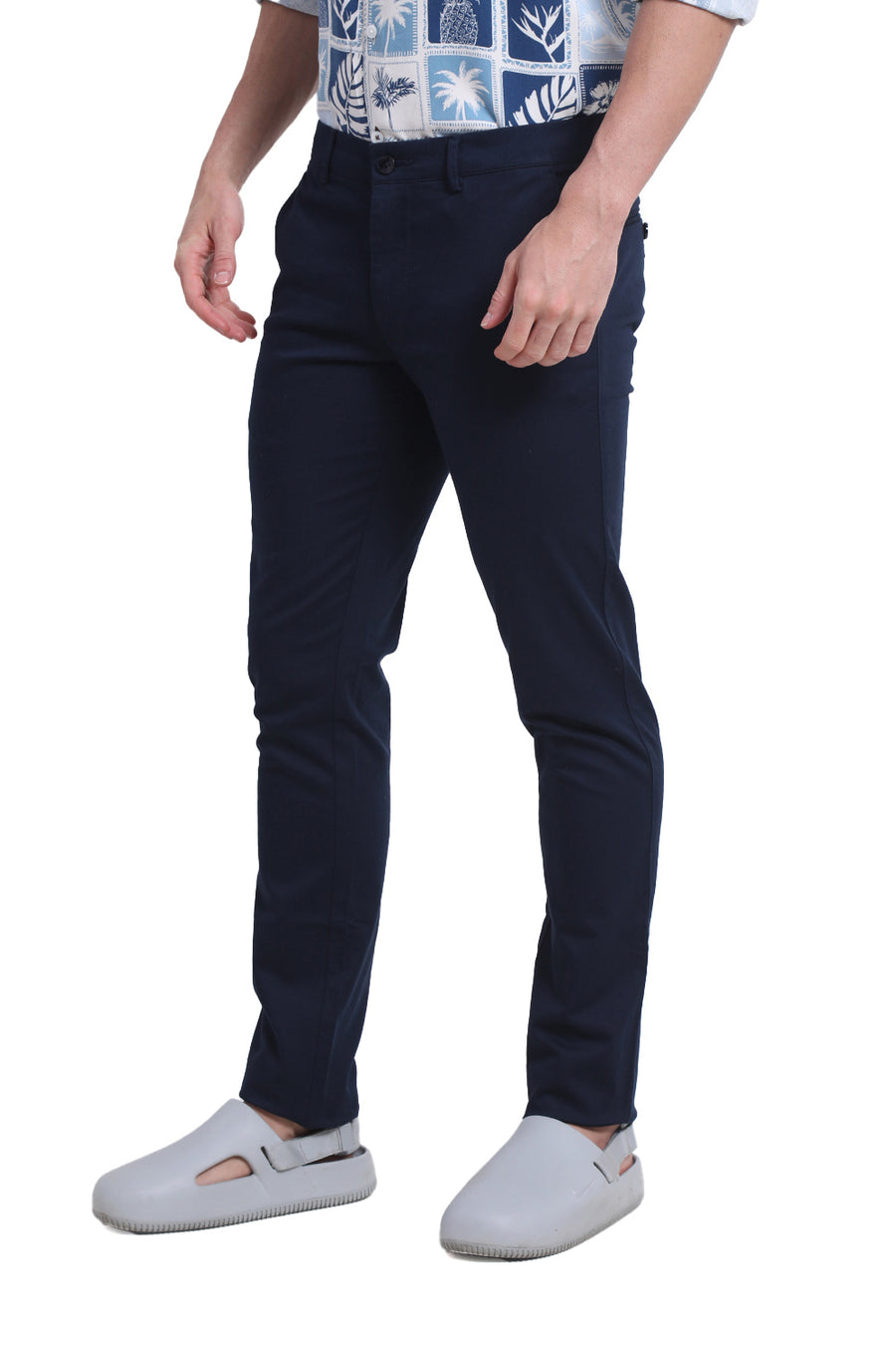 BASICS TAPERED FIT BLUE NIGHT NAVY COTTON STRETCH DOBBY TROUSER