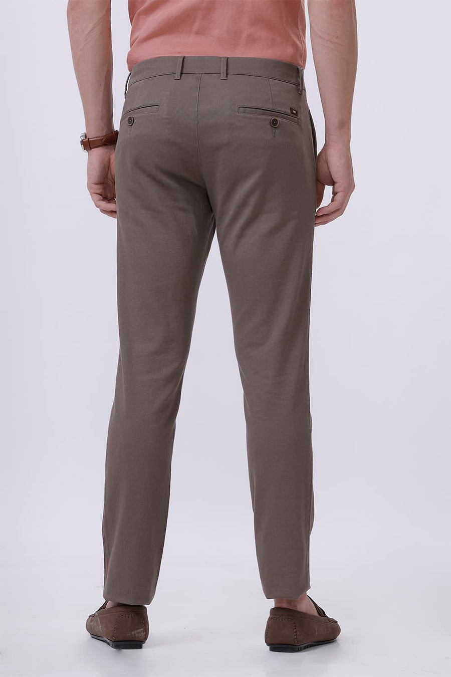 BASICS TAPERED FIT MOREL BROWN COTTON STRETCH DOBBY TROUSER