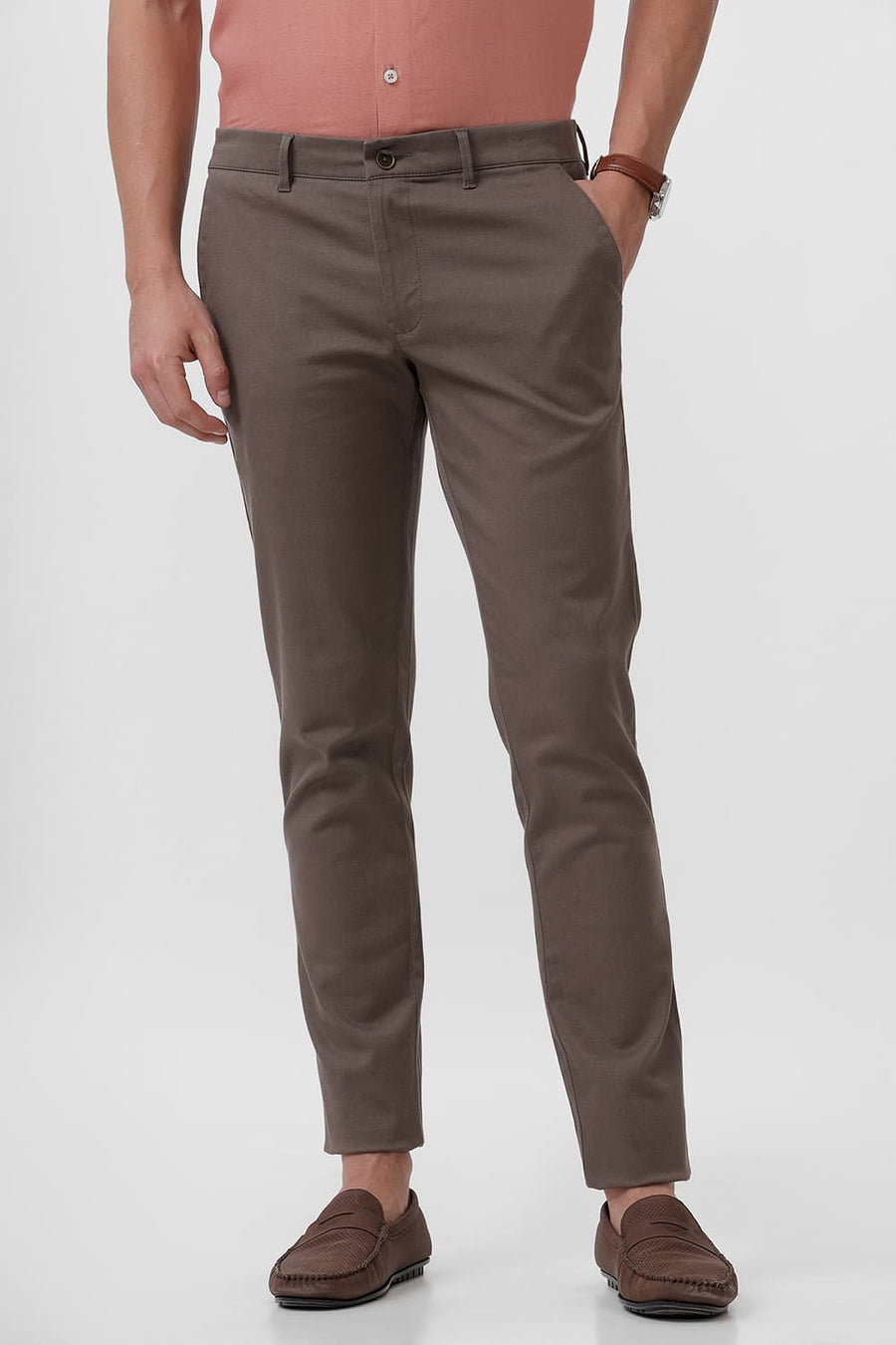 BASICS TAPERED FIT MOREL BROWN COTTON STRETCH DOBBY TROUSER