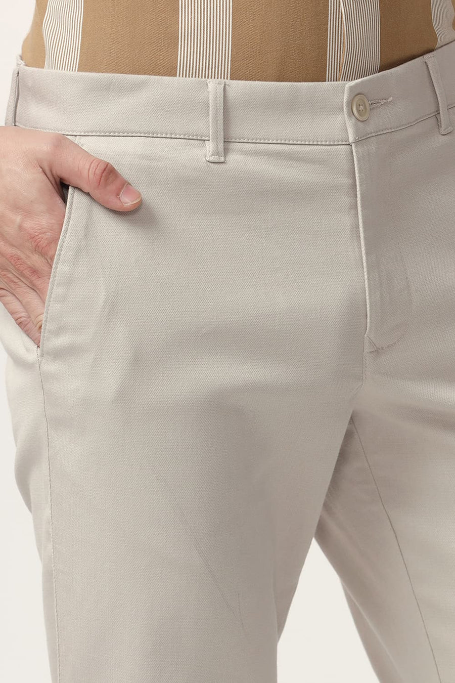 BASICS TAPERED FIT CASTLE WALL BEIGE COTTON STRETCH DOBBY TROUSER