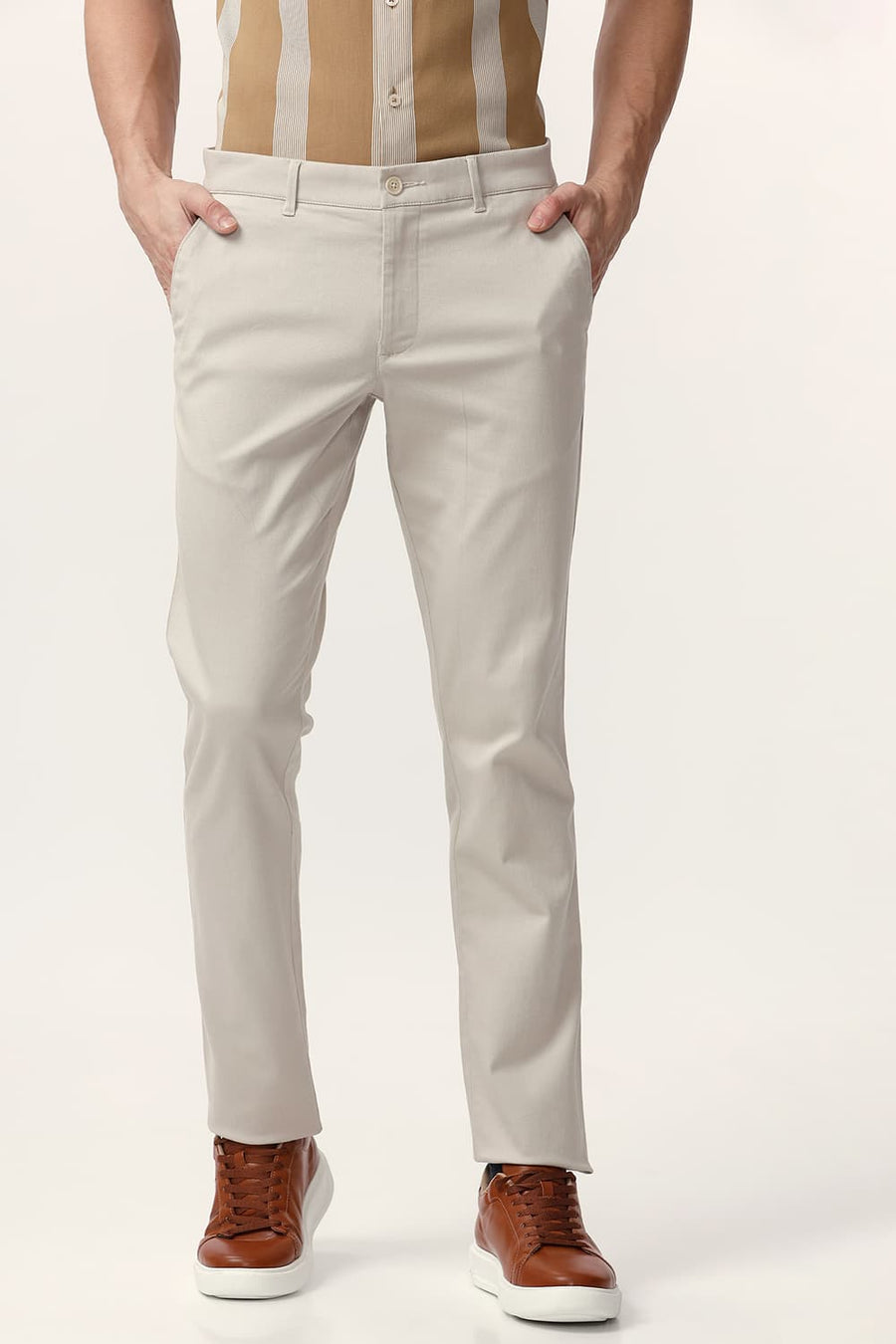 BASICS TAPERED FIT CASTLE WALL BEIGE COTTON STRETCH DOBBY TROUSER