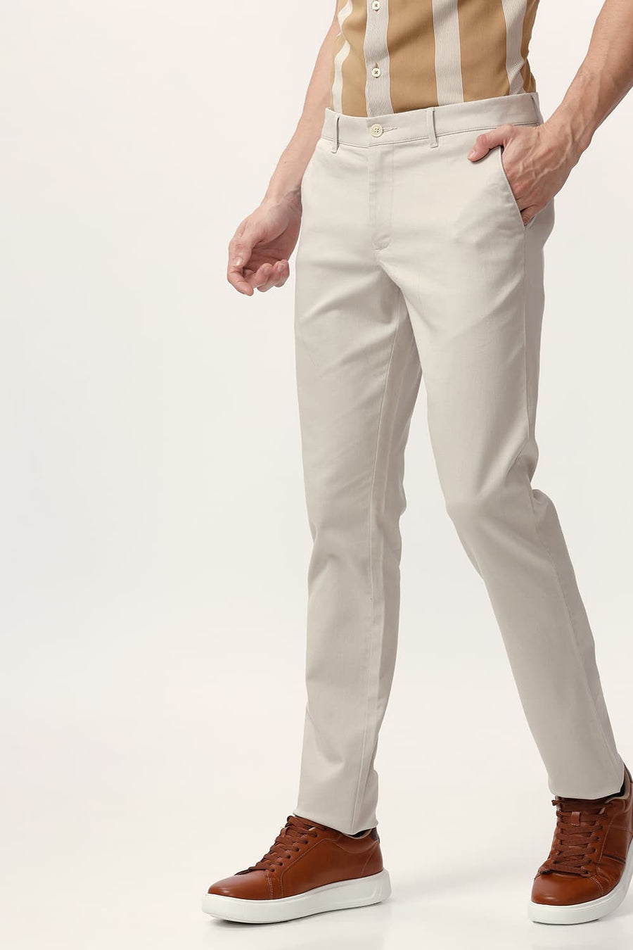 BASICS TAPERED FIT CASTLE WALL BEIGE COTTON STRETCH DOBBY TROUSER