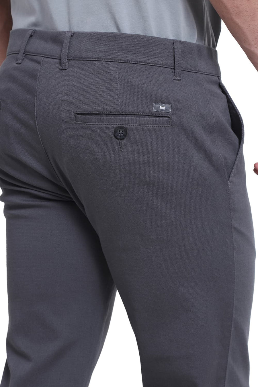BASICS TAPERED FIT GUN METAL GREY COTTON STRETCH DOBBY TROUSER