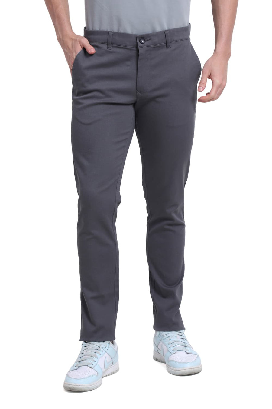 BASICS TAPERED FIT GUN METAL GREY COTTON STRETCH DOBBY TROUSER