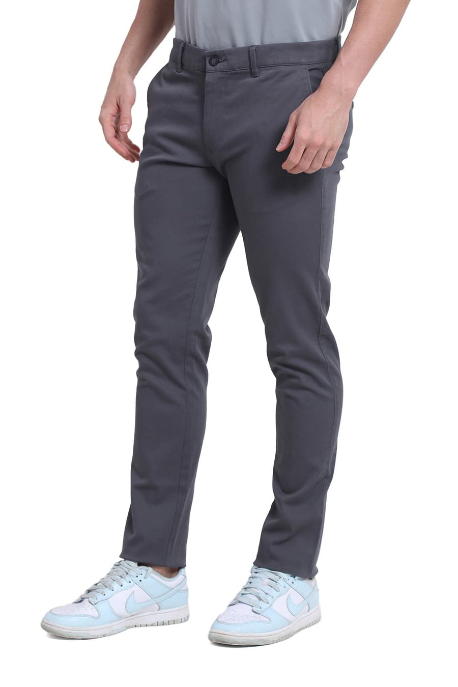 BASICS TAPERED FIT GUN METAL GREY COTTON STRETCH DOBBY TROUSER