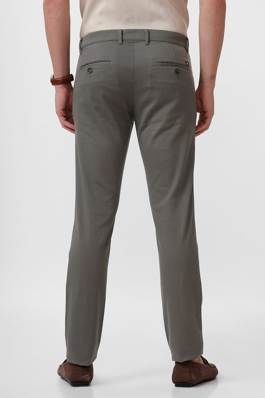 BASICS TAPERED FIT GUNMETAL GREEN COTTON STRETCH DOBBY TROUSER