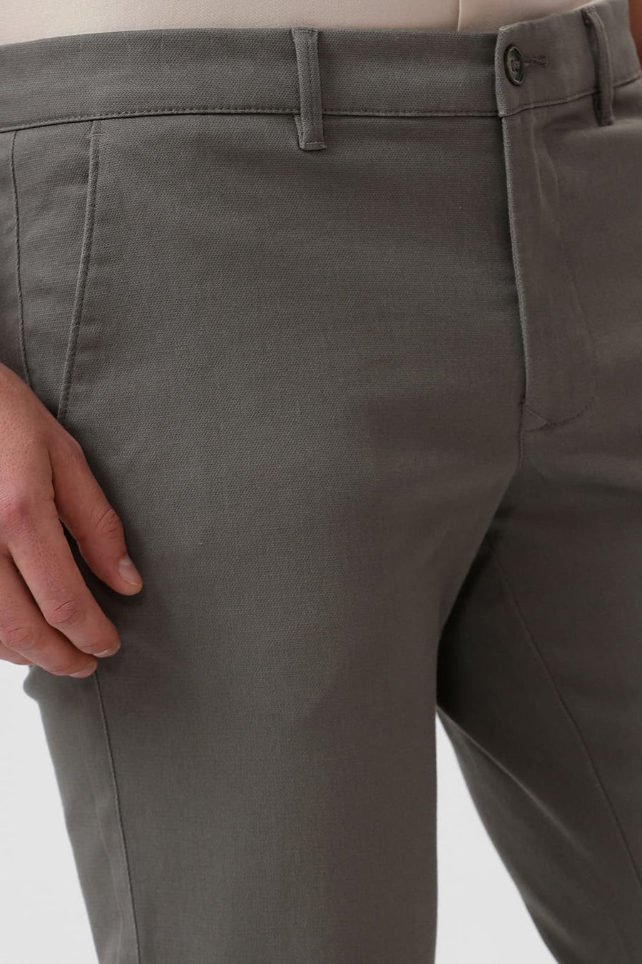 BASICS TAPERED FIT GUNMETAL GREEN COTTON STRETCH DOBBY TROUSER