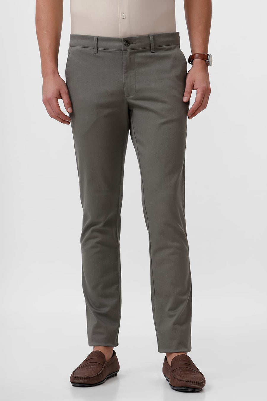 BASICS TAPERED FIT GUNMETAL GREEN COTTON STRETCH DOBBY TROUSER