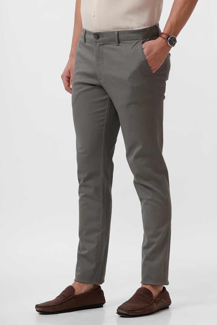 BASICS TAPERED FIT GUNMETAL GREEN COTTON STRETCH DOBBY TROUSER
