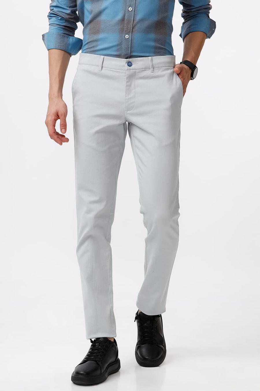 BASICS TAPERED FIT PEARL BLUE COTTON STRETCH DOBBY TROUSER