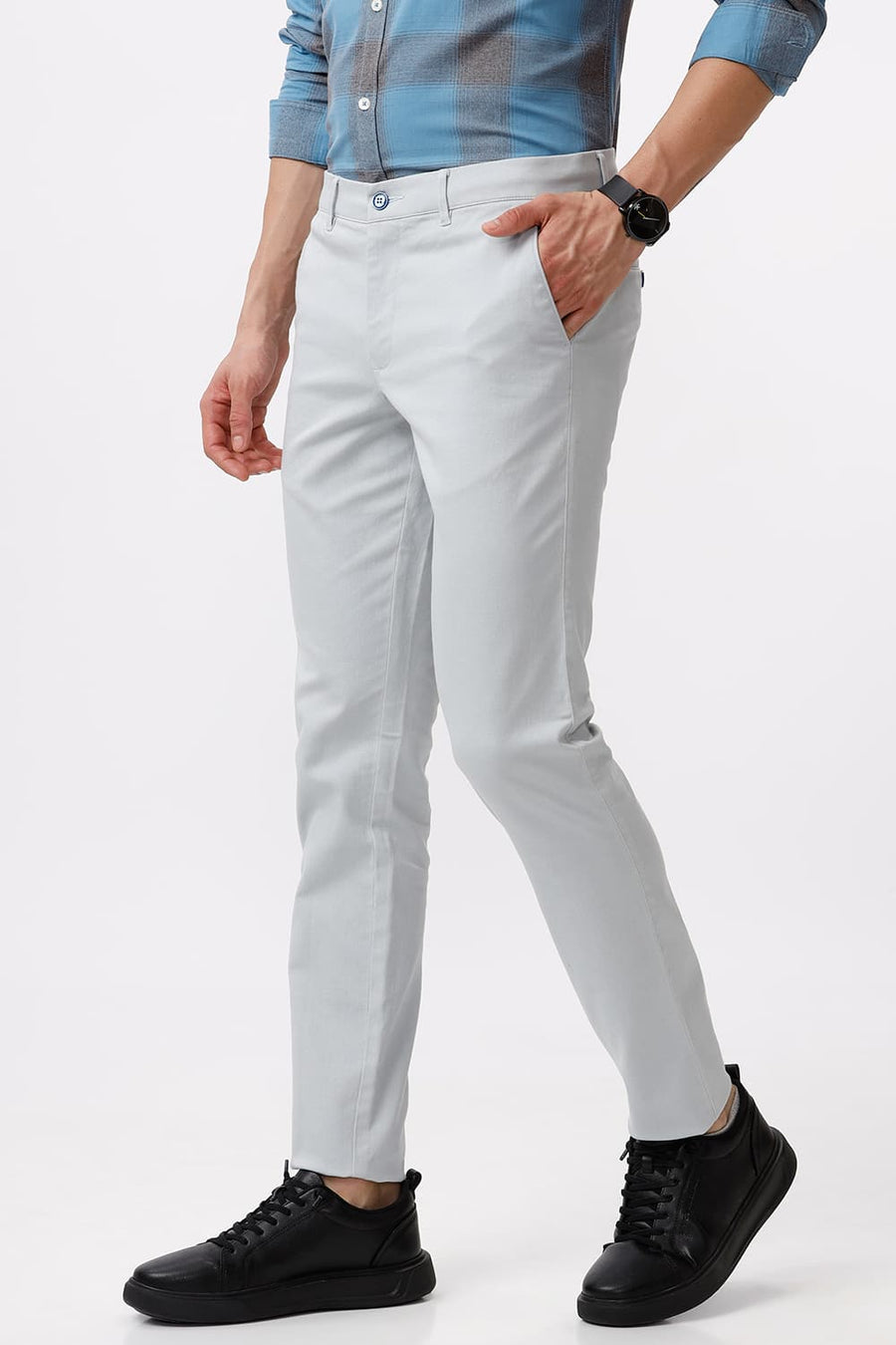 BASICS TAPERED FIT PEARL BLUE COTTON STRETCH DOBBY TROUSER