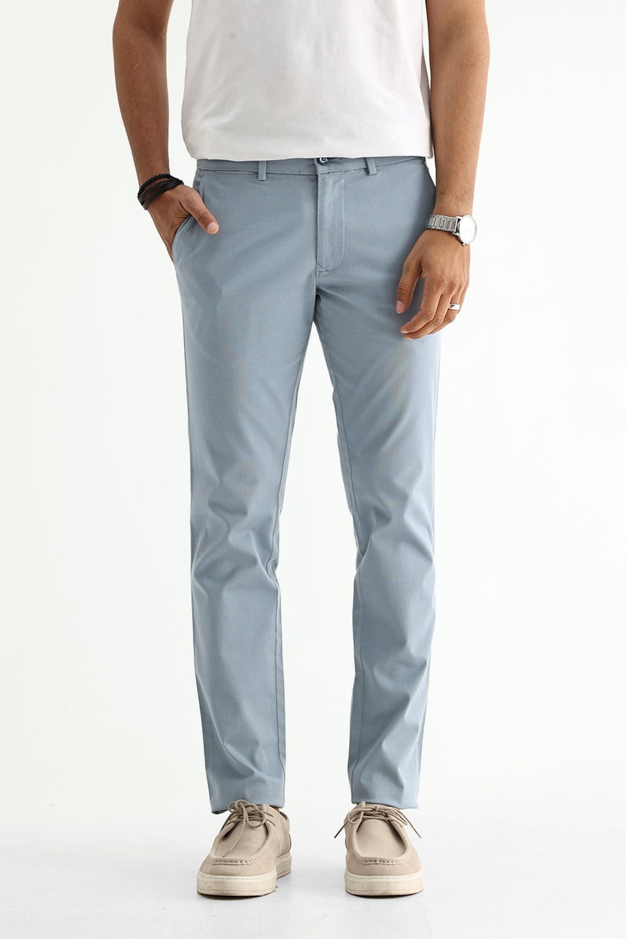 BASICS TAPERED FIT FOG BLUE COTTON STRETCH STRUCTURE TROUSER