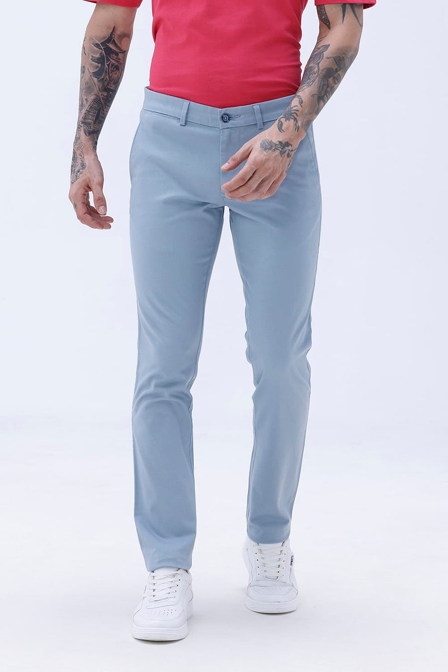 BASICS TAPERED FIT FOG BLUE COTTON STRETCH STRUCTURE TROUSER