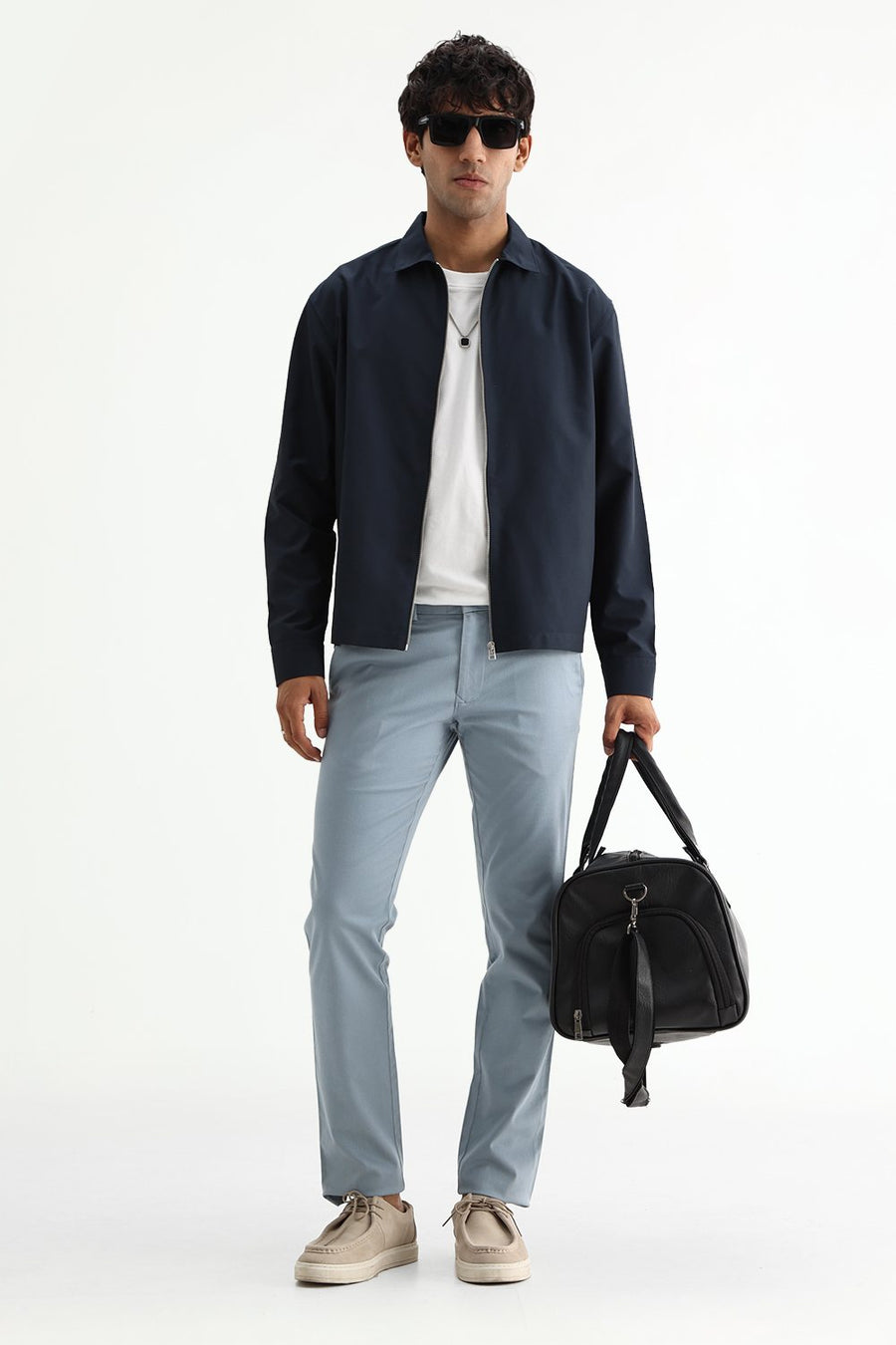 BASICS TAPERED FIT FOG BLUE COTTON STRETCH STRUCTURE TROUSER