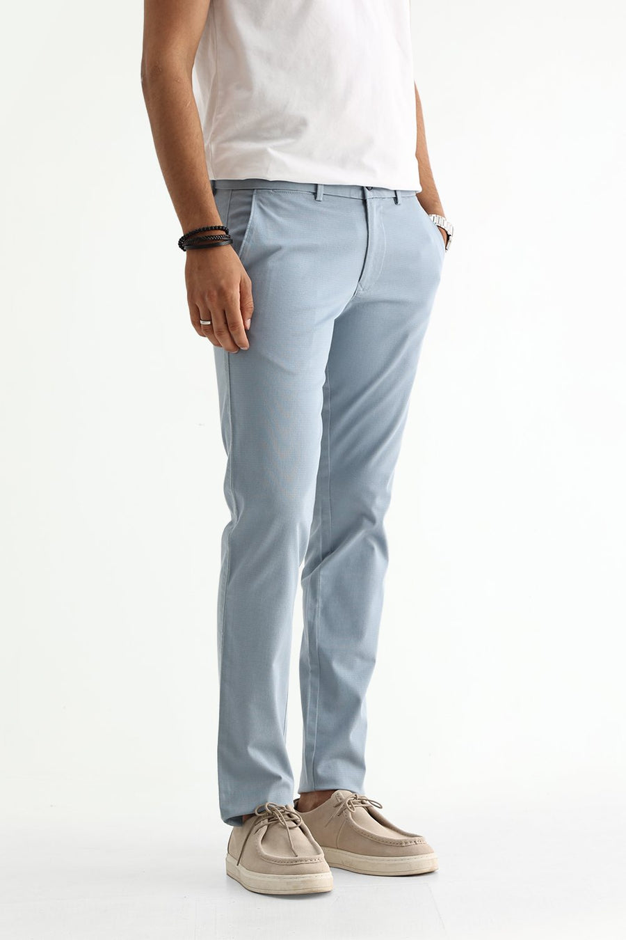 BASICS TAPERED FIT FOG BLUE COTTON STRETCH STRUCTURE TROUSER