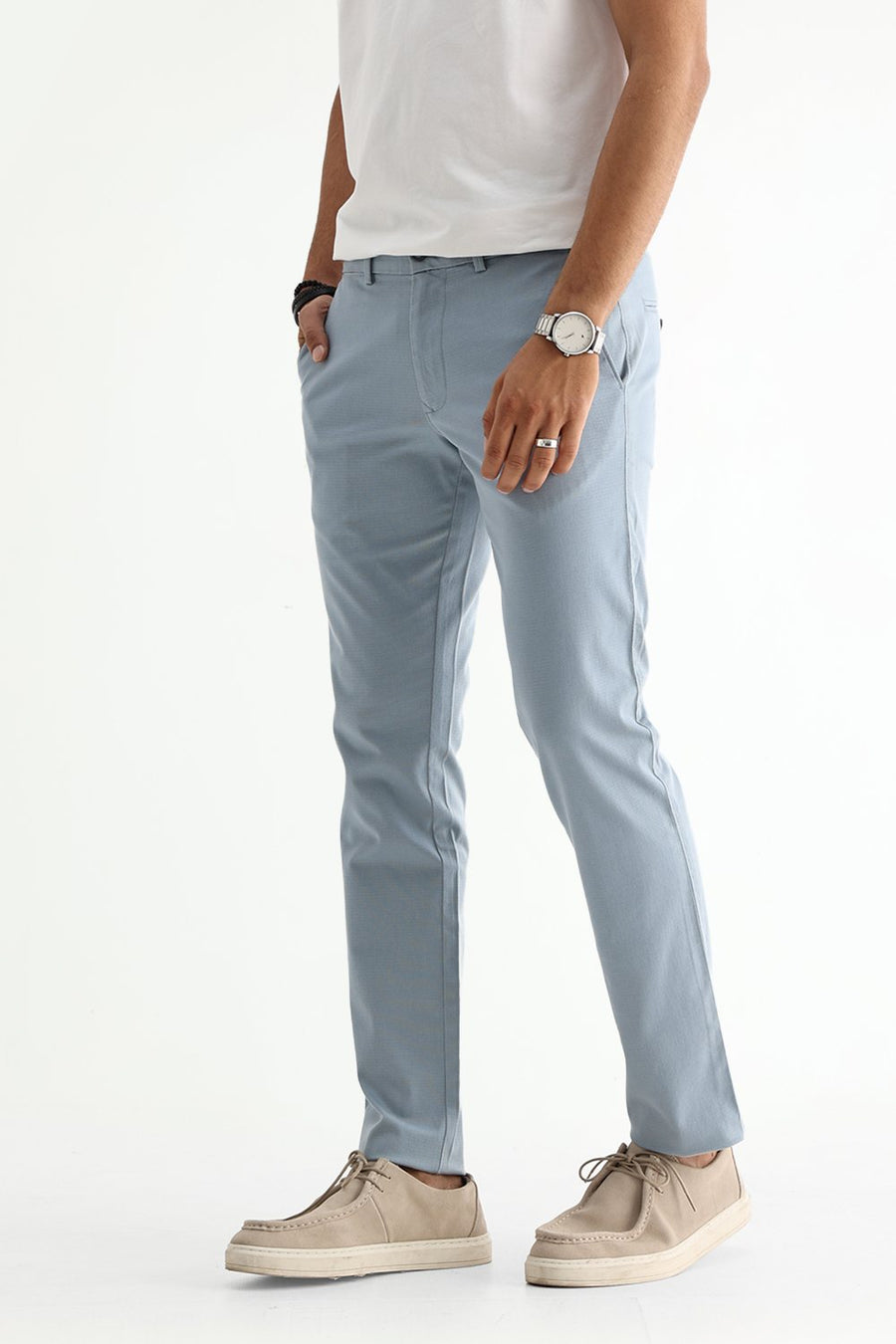 BASICS TAPERED FIT FOG BLUE COTTON STRETCH STRUCTURE TROUSER