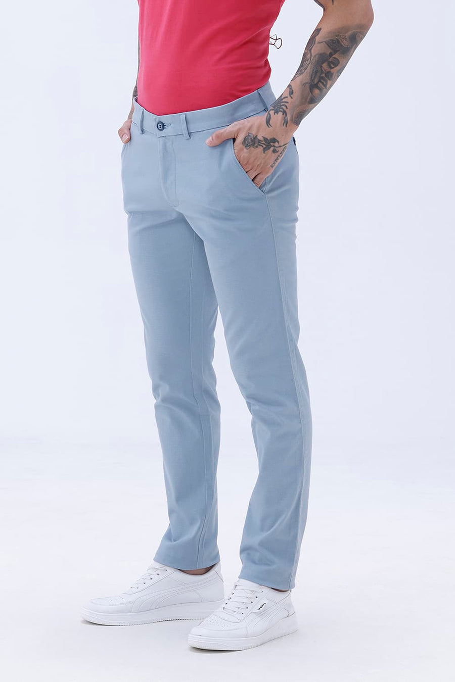 BASICS TAPERED FIT FOG BLUE COTTON STRETCH STRUCTURE TROUSER