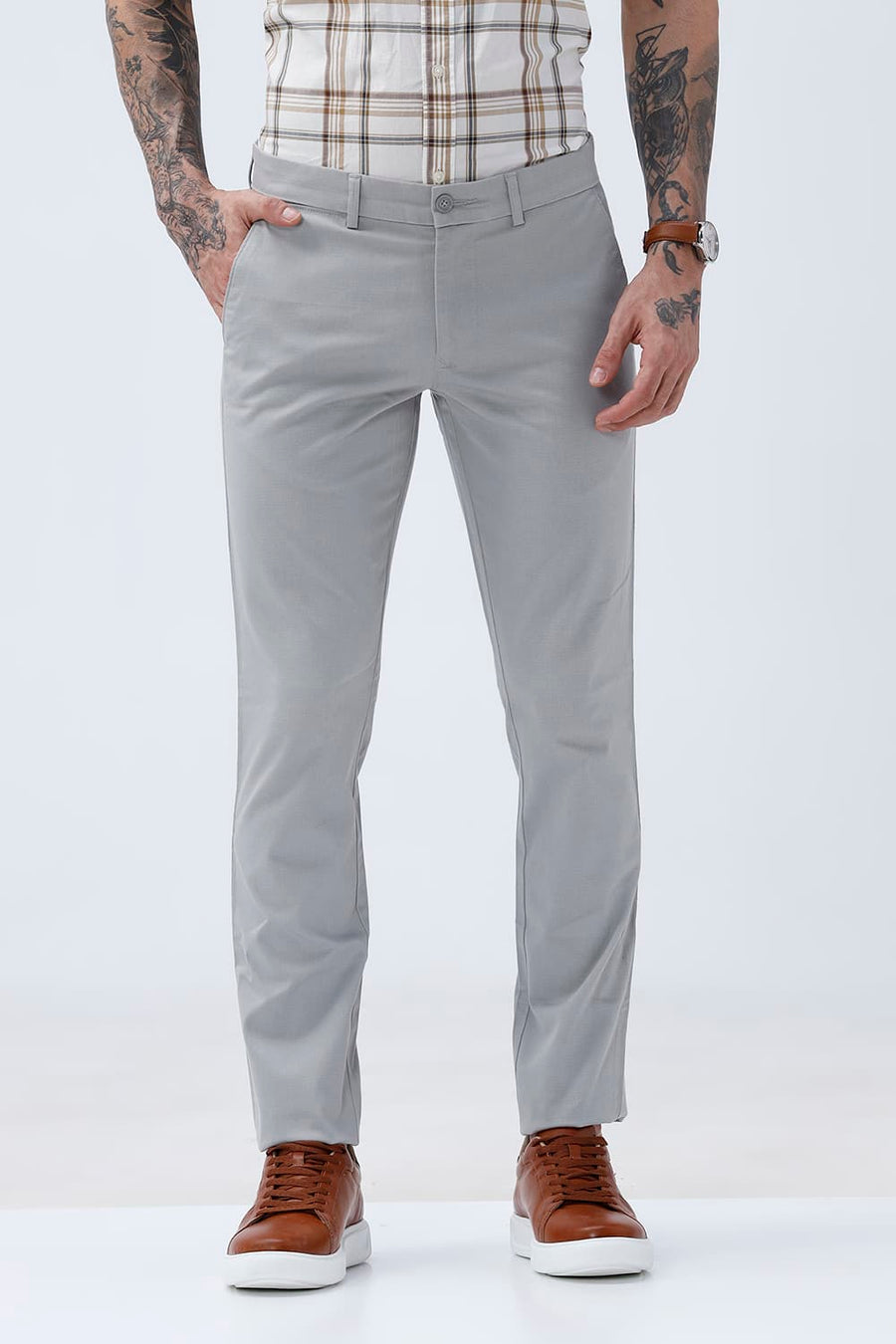 BASICS TAPERED FIT GREY ILLUSION COTTON STRETCH STRUCTURE TROUSER