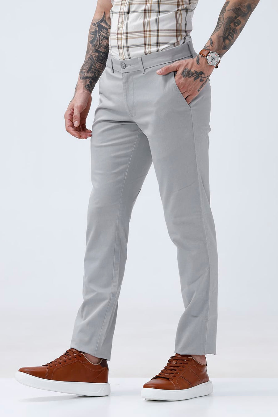 BASICS TAPERED FIT GREY ILLUSION COTTON STRETCH STRUCTURE TROUSER