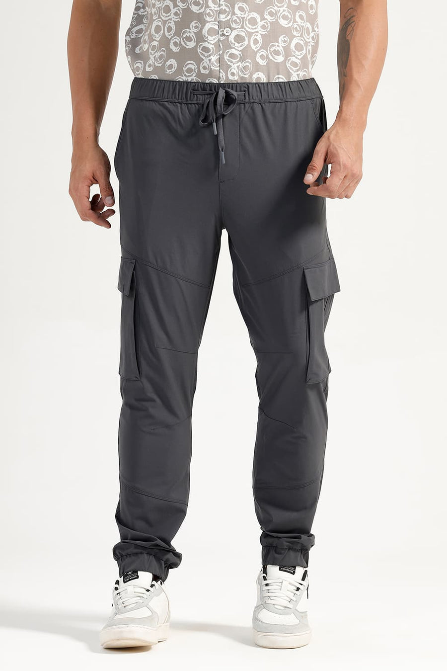 BASICS DRIFT FIT GUNMETAL GREY POLYESTER STRETCH DOBBY TROUSER