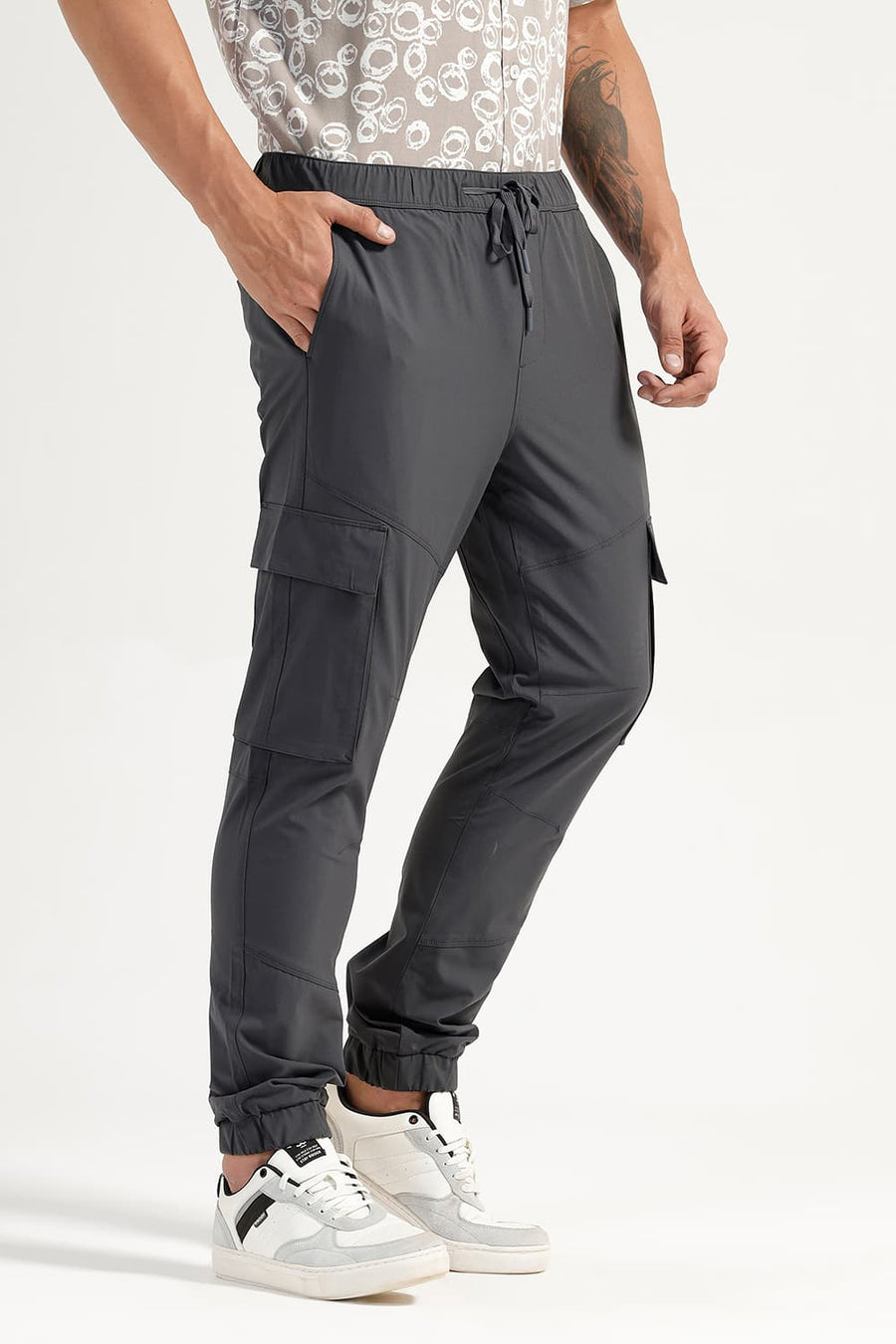 BASICS DRIFT FIT GUNMETAL GREY POLYESTER STRETCH DOBBY TROUSER