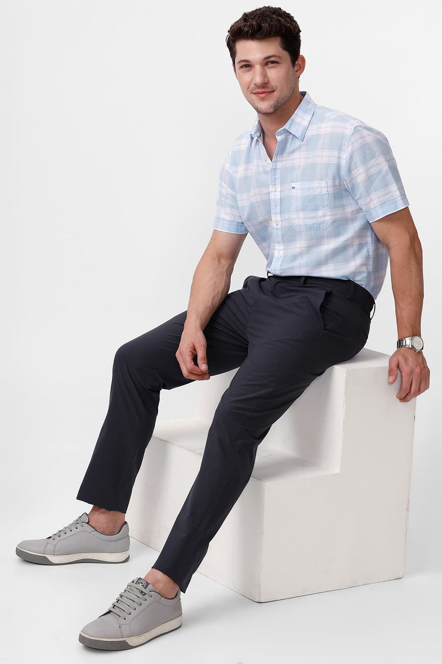 BASICS DRIFT FIT CASTLE ROCK GREY POLYESTER STRETCH DOBBY TROUSER