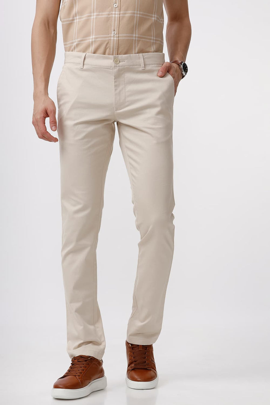 BASICS TAPERED FIT CREME BRULEE KHAKI COTTON STRETCH DOBBY TROUSER
