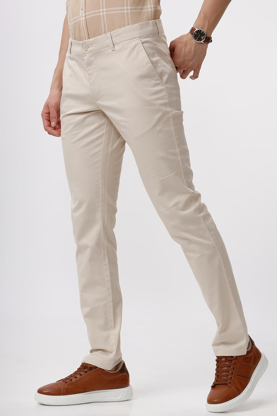 BASICS TAPERED FIT CREME BRULEE KHAKI COTTON STRETCH DOBBY TROUSER