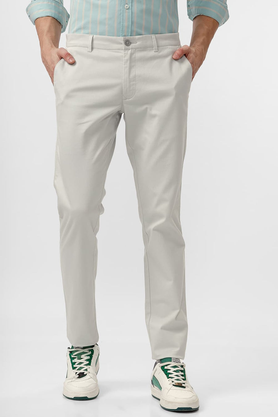 BASICS TAPERED FIT DAWN GREEN COTTON STRETCH DOBBY TROUSER